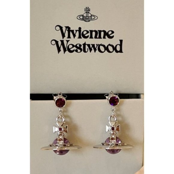 Vivienne Westwood 3D silver tone Purple Orb drop Earrings New with Box - Picture 3 of 12